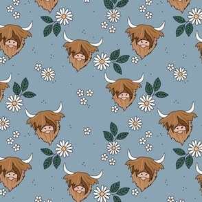 Cutesy highland cows - leaves and flower blossom ranch garden longhorn cow animals design for kids moody blue winter