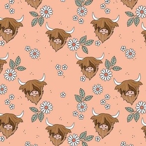 Cutesy highland cows - leaves and flower blossom ranch garden longhorn cow animals design for kids salmon pink