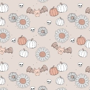 Sunflowers and pumpkins sweet halloween vintage style bats and skulls garden fall seventies orange on baby beige sand moody coral SMALL