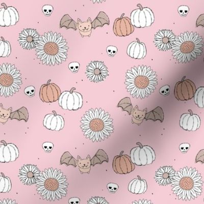 Sunflowers and pumpkins sweet halloween vintage style bats and skulls garden fall seventies orange on baby pink blush SMALL