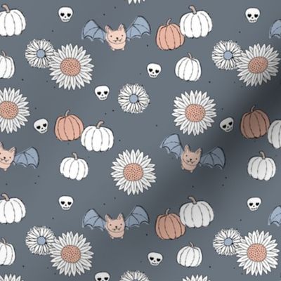 Sunflowers and pumpkins sweet halloween vintage style bats and skulls garden fall seventies orange on cool gray SMALL