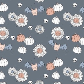 Sunflowers and pumpkins sweet halloween vintage style bats and skulls garden fall seventies orange on cool gray SMALL