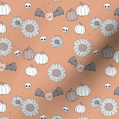 Sunflowers and pumpkins sweet halloween vintage style bats and skulls garden fall seventies orange coral gray SMALL