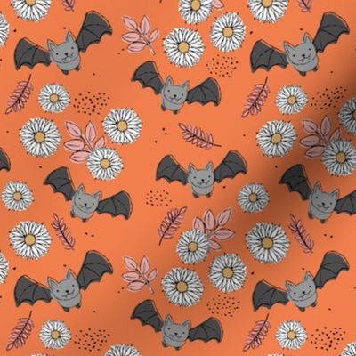 Adorable kawaii freehand bats and daisies fall lower garden boho halloween design orange pink gray SMALL