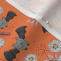 Adorable kawaii freehand bats and daisies fall lower garden boho halloween design orange pink gray SMALL