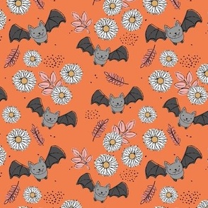 Adorable kawaii freehand bats and daisies fall lower garden boho halloween design orange pink gray SMALL