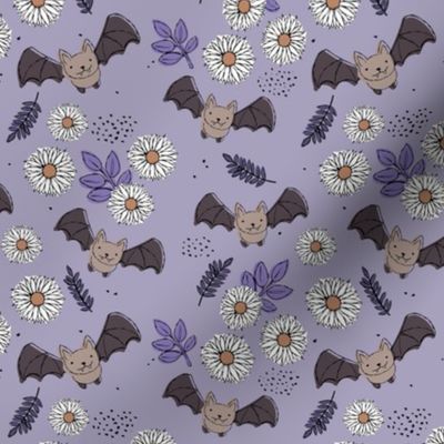 Adorable kawaii freehand bats and daisies fall lower garden boho halloween design lilac lavender purple SMALL