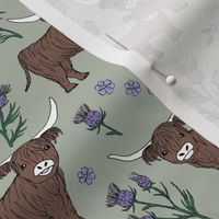 Sweet cutesy highland cows in a lush spring garden -  longhorn and thistles ranch design for kids wild animal design lilac violet sage green