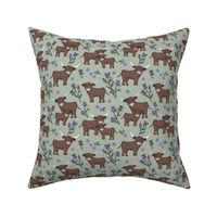 Sweet cutesy highland cows in a lush spring garden -  longhorn and thistles ranch design for kids wild animal design lilac violet sage green