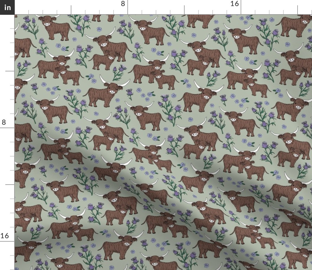 Sweet cutesy highland cows in a lush spring garden -  longhorn and thistles ranch design for kids wild animal design lilac violet sage green