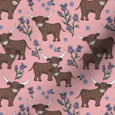 Sweet cutesy highland cows in a lush spring garden -  longhorn and thistles ranch design for kids wild animal design lilac violet green on rose pink