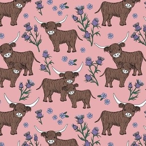 Sweet cutesy highland cows in a lush spring garden -  longhorn and thistles ranch design for kids wild animal design lilac violet green on rose pink