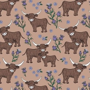 Sweet cutesy highland cows in a lush spring garden -  longhorn and thistles ranch design for kids wild animal design lilac violet green on tan beige