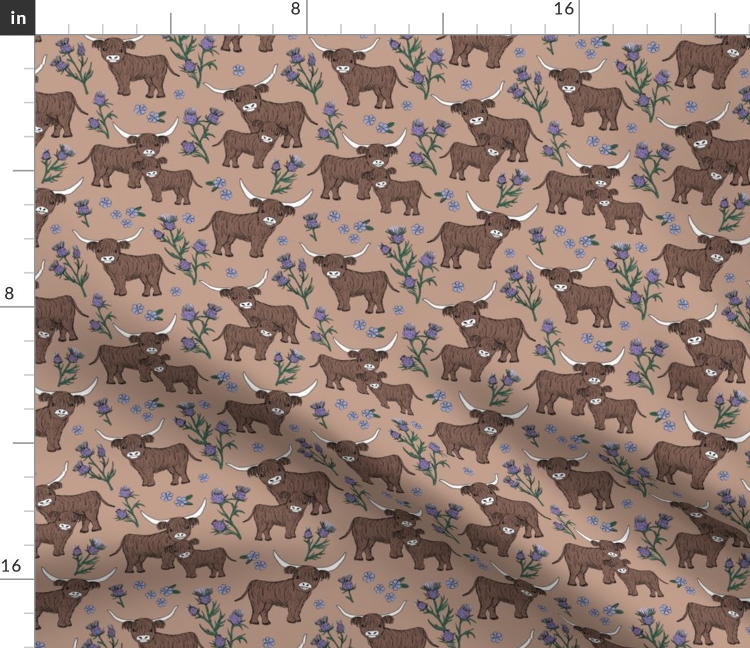 Sweet cutesy highland cows in a lush spring garden -  longhorn and thistles ranch design for kids wild animal design lilac violet green on tan beige