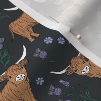 Sweet cutesy highland cows in a lush spring garden -  longhorn and thistles ranch design for kids wild animal design lilac violet green on charcoal gray