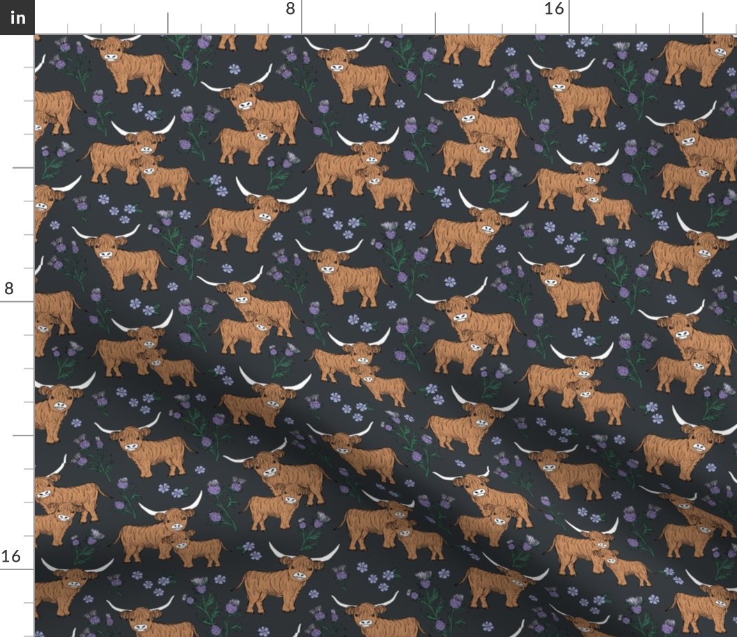 Sweet cutesy highland cows in a lush spring garden -  longhorn and thistles ranch design for kids wild animal design lilac violet green on charcoal gray