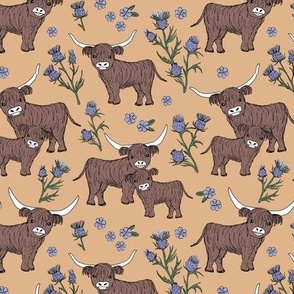 Sweet cutesy highland cows in a lush spring garden -  longhorn and thistles ranch design for kids wild animal design lilac violet green on cream mango peach orange
