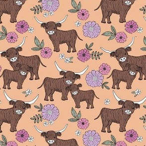 Cutesy highland cows blossom - adorable ranch animals cattle longhorn design with flowers and leaves wild garden design for kids pink on blush orange
