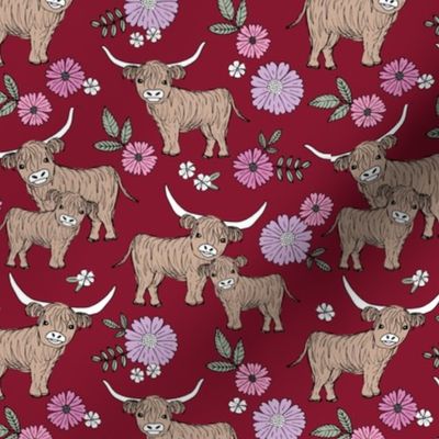 Cutesy highland cows blossom - adorable ranch animals cattle longhorn design with flowers and leaves wild garden design for kids pink on burgundy red