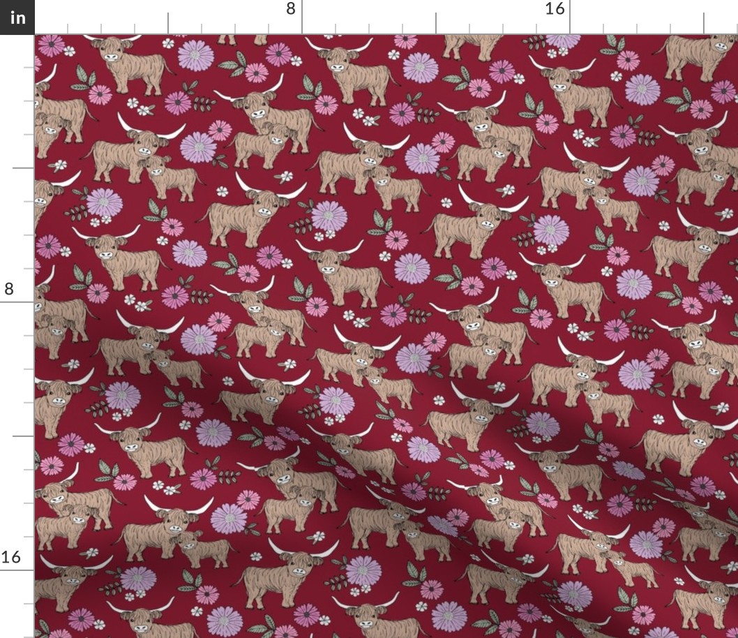 Cutesy highland cows blossom - adorable ranch animals cattle longhorn design with flowers and leaves wild garden design for kids pink on burgundy red