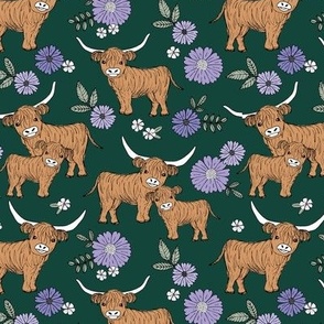 Cutesy highland cows blossom - adorable ranch animals cattle longhorn design with flowers and leaves wild garden design for kids lilac purple on pine green