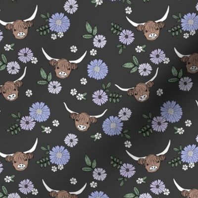 Cutesy highland cows and blossom - adorable ranch animals cattle longhorn vintage freehand flowers and leaves design for girls nursery lilac purple sage green on charcoal