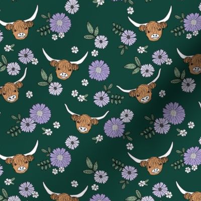 Cutesy highland cows and blossom - adorable ranch animals cattle longhorn vintage freehand flowers and leaves design for girls nursery sage green lilac purple on pine green