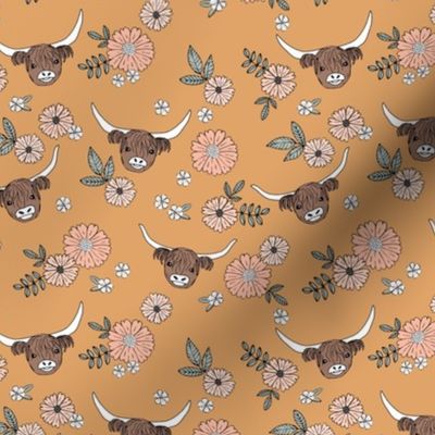Cutesy highland cows and blossom - adorable ranch animals cattle longhorn vintage freehand flowers and leaves design for girls nursery vintage orange beige blush