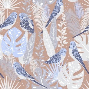 Tropical garden with parrots | caramel brown and blue | Tropical Fantasy Collection