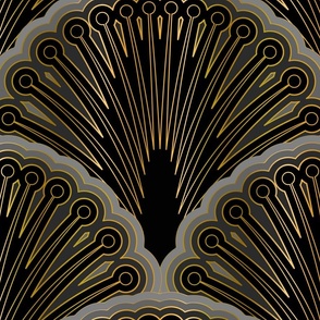 Art Deco Overlapping Fan Scalloped Geometric Pattern - Faux Metallic Gold on Black