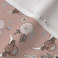 Cutesy highland cows and blossom - adorable ranch animals cattle longhorn vintage freehand flowers and leaves design for girls nursery sage green ivory on mauve blush pink 