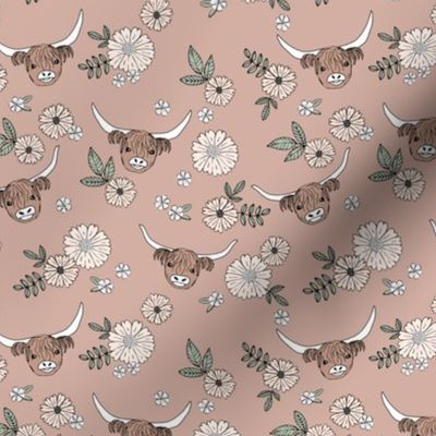Cutesy highland cows and blossom - adorable ranch animals cattle longhorn vintage freehand flowers and leaves design for girls nursery sage green ivory on mauve blush pink 