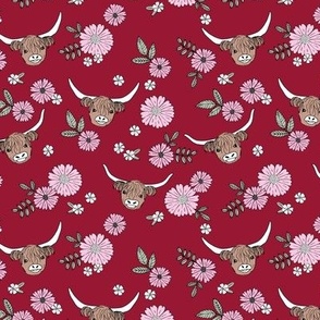 Cutesy highland cows and blossom - adorable ranch animals cattle longhorn vintage freehand flowers and leaves design for girls nursery sage green pink on burgundy red valentine palette 