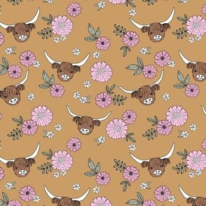 Cutesy highland cows and blossom - adorable ranch animals cattle longhorn vintage freehand flowers and leaves design for girls nursery pink mustard yellow