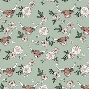 Cutesy highland cows and blossom - adorable ranch animals cattle longhorn vintage freehand flowers and leaves design for girls nursery sage green blush on soft pink