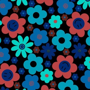 Blue and Black Happy Hippie Flower Power 
