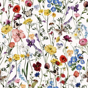 18" a colorful summer wildflower meadow  - nostalgic Wildflowers Poppies Butterflies and Herbs home decor on white double layer,   Baby Girl and nursery fabric perfect for kidsroom wallpaper, kids room, kids decor