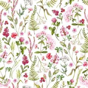 18" A beautiful cute pink midsummer flower garden with pink wildflowers,ferns and grasses on white background-for home decor Baby Girl  and  nursery fabric perfect for kidsroom wallpaper,kids room