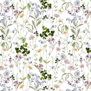 14" A beautiful cute handpainted midsummer dried flower garden with wildflowers and grasses and herbs on white background- double layer- for home decor Baby Girl  and  nursery fabric perfect for kidsroom wallpaper,kids room