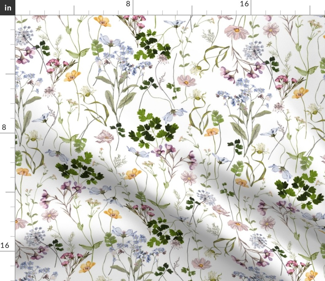 14" A beautiful cute handpainted midsummer dried flower garden with wildflowers and grasses and herbs on white background- double layer- for home decor Baby Girl  and  nursery fabric perfect for kidsroom wallpaper,kids room