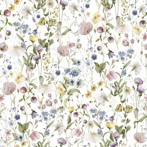 18" My favorite things - a summer wildflower meadow  - nostalgic Wildflowers and Herbs , Pollinators butterflies home decor, on white, Baby Girl and nursery fabric perfect for kidsroom wallpaper, kids room, kids decor 