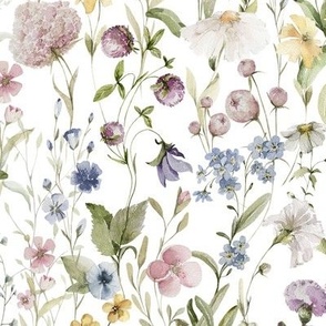 18" My favorite things - a summer wildflower forget me not  meadow  - nostalgic Wildflowers and Herbs , Pollinators butterflies home decor, on white, Baby Girl and nursery fabric perfect for kidsroom wallpaper, kids room, kids decor BirthdayPartyTableLine