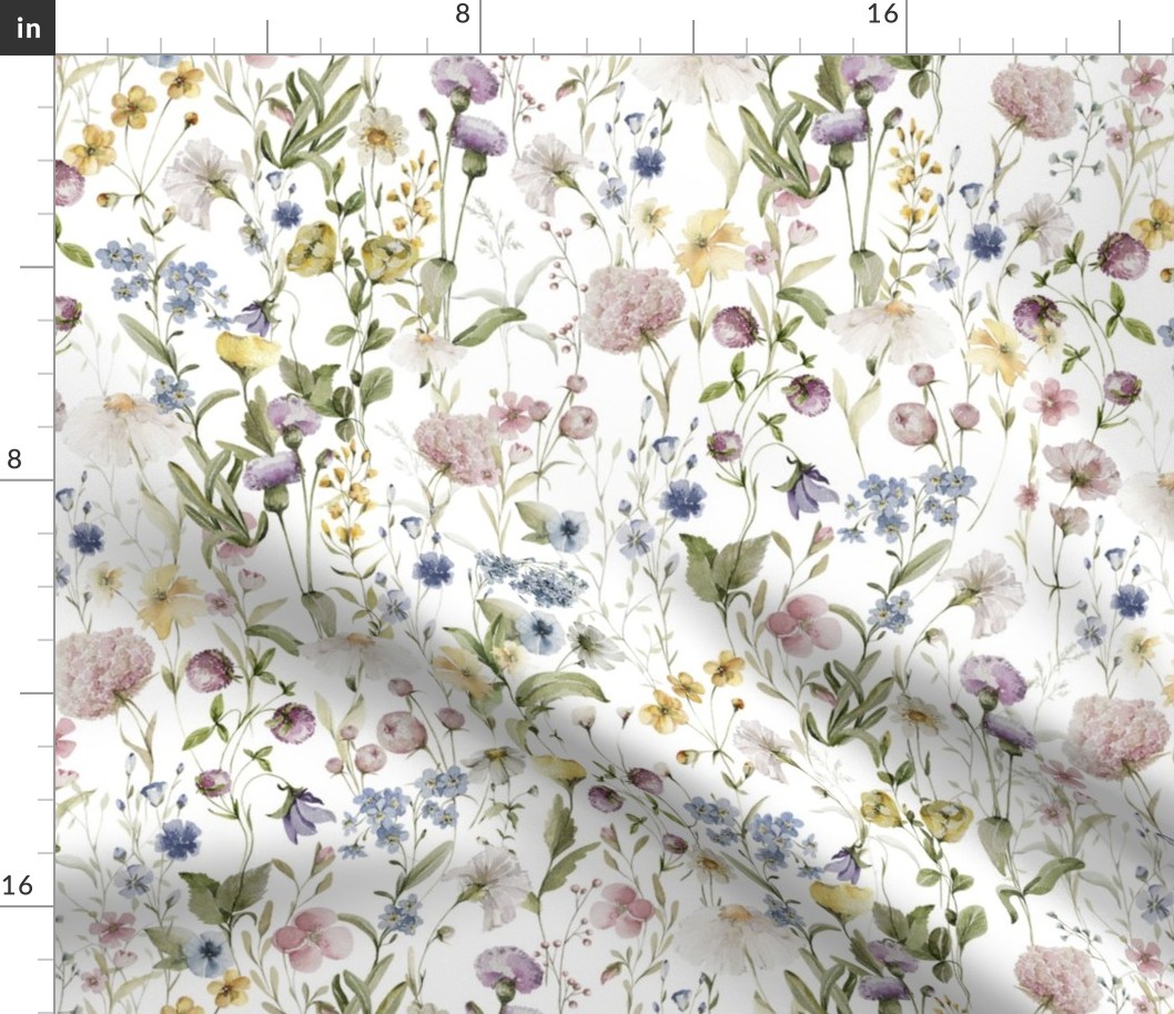 18" My favorite things - a summer wildflower forget me not  meadow  - nostalgic Wildflowers and Herbs , Pollinators butterflies home decor, on white, Baby Girl and nursery fabric perfect for kidsroom wallpaper, kids room, kids decor BirthdayPartyTableLine