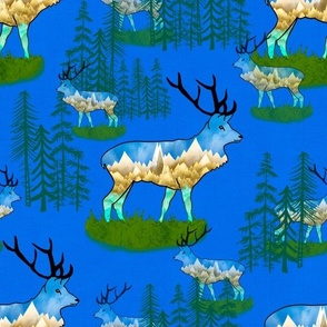 Reindeer bull elk with mountains and pine forests on azure blue linen canvas medium