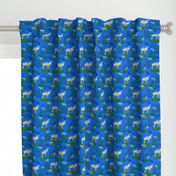 Reindeer bull elk with mountains and pine forests on azure blue linen canvas small