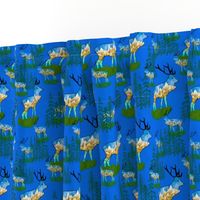 Reindeer bull elk with mountains and pine forests on azure blue linen canvas small