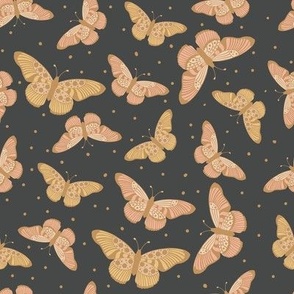 Butterflies in Gold and Peach on Dark Gray Background