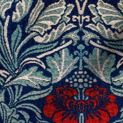 Fabric from Hammersmith Terrace by William Morris - LARGE- Original Blue Damask Background Antiqued art nouveau art deco