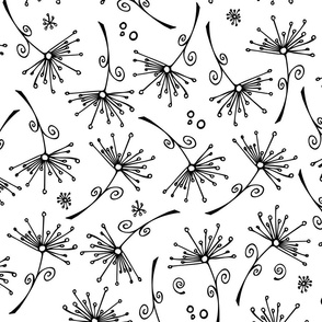 dandelions - black hand-drawn dandelions on white - floral fabric and wallpaper