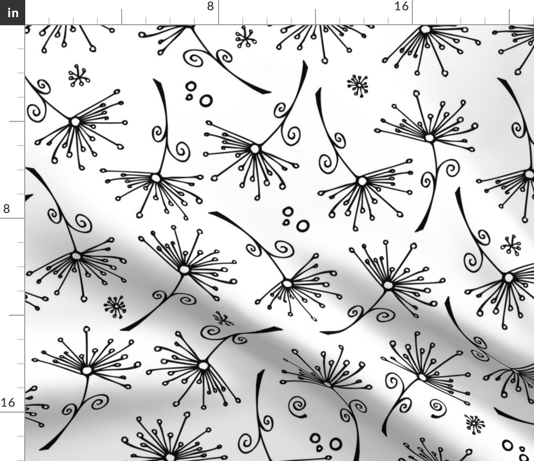 dandelions - black hand-drawn dandelions on white - floral fabric and wallpaper